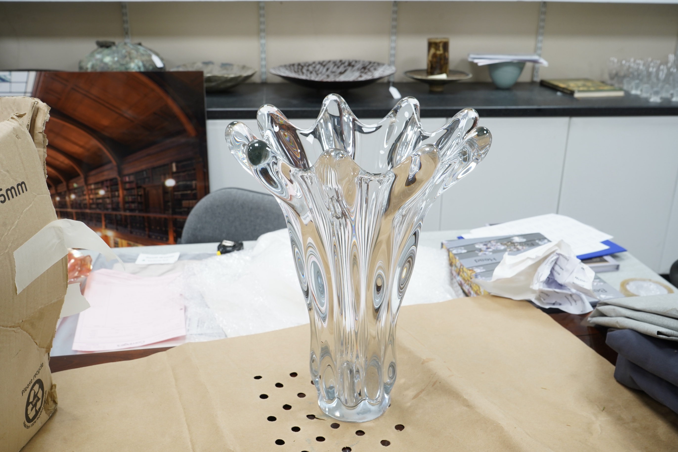Vannes - Large 1960's clear crystal glass vase, 39cm high